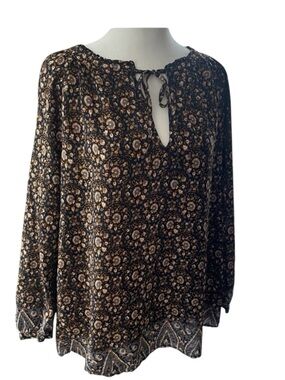 🍀Lucky Brand Women's Black, Tan & Gray Floral Blouse. Large. NWT